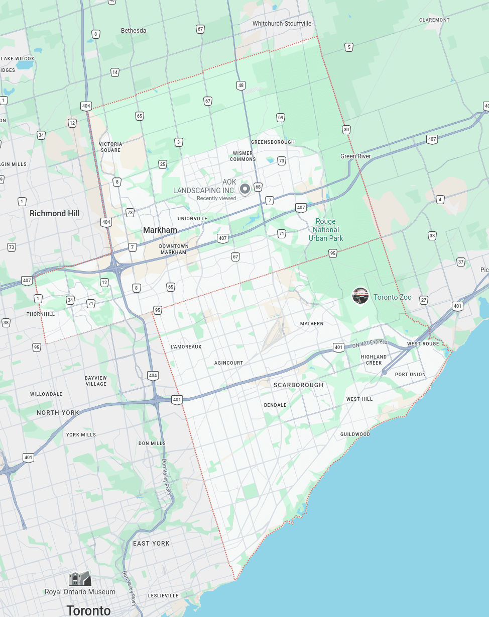 Map showing AOK Landscaping service area covering Scarborough and Markham, Ontario